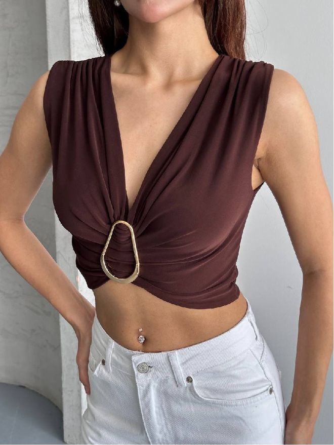 Mistix Brown Slim Fit Sexy Crop Blouse With Cap Sleeves Wholesale Clothing Casual
