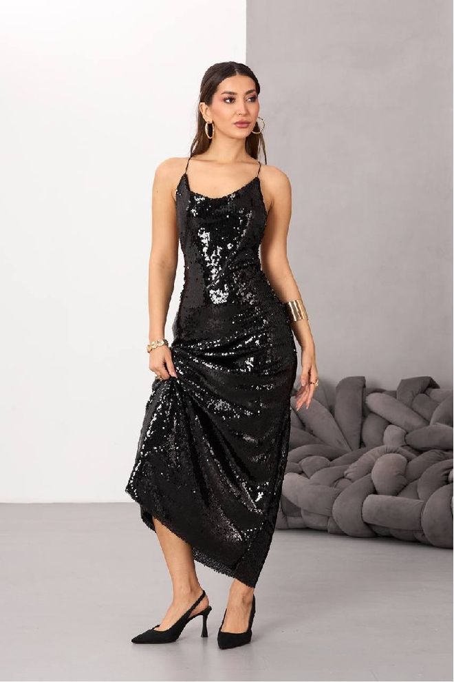 Mistix Vestido Preto Sensual Com Lantejoulas Tipo Slip E Pescoço Querido Roupas por atacado Sensual