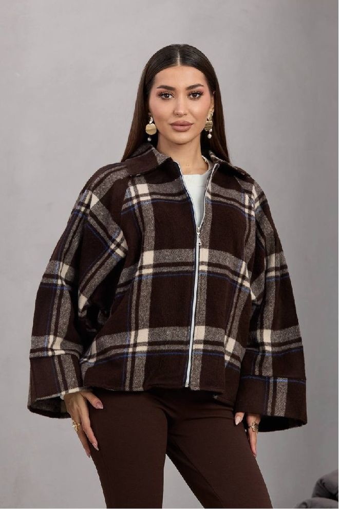 Mistix Braune Karierte Bluse Mit Übergroßer Passform Und Polokragen Großhandelskleidung Lässig