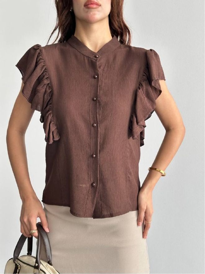 Mistix Brown Elegant Sleeveless Shirt With Ruffle Sleeves Wholesale Clothing Casual