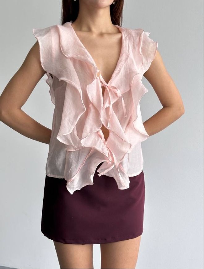 Mistix Bluză Roz Cu Decolteu În V Și Mâneci Flutter Îmbrăcăminte cu ridicata Casual