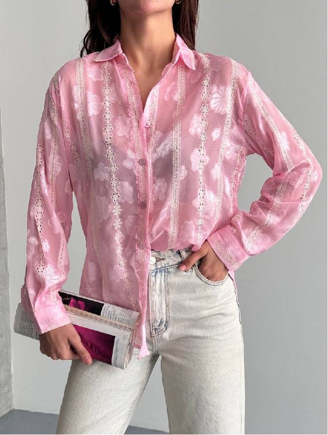 Mistix Różowa Vintage Casual Koszula W Kwiatowe Paski Hurtowa sprzedaż odzieży Casual