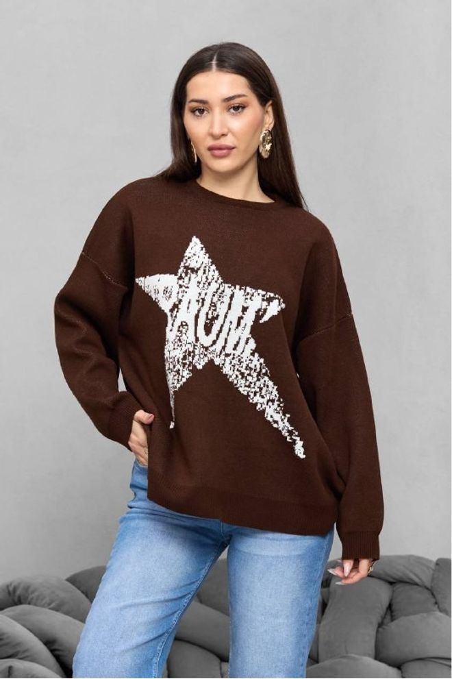 Mistix Chemisier Brun Grande Taille Avec Motif Étoiles Vêtements en gros Décontracté