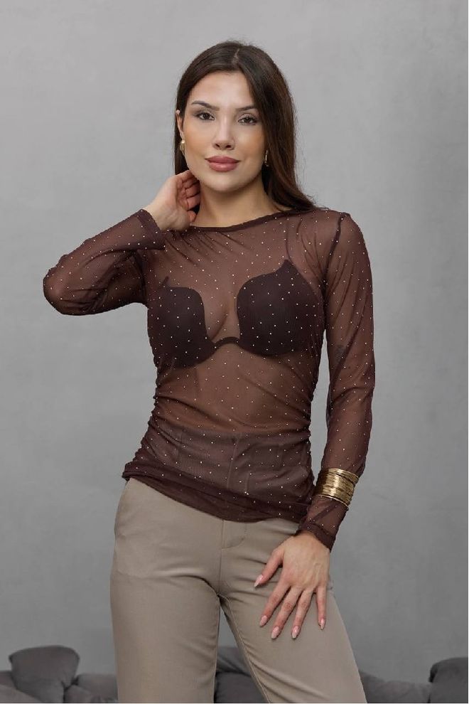 Mistix Chemisier Brun À Paillettes Avec Encolure Ronde Et Coupe Étroite Vêtements en gros Décontracté