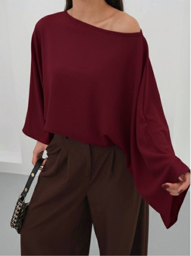 Mistix Chemisier Rouge Bordeaux Épaules Dénudées Oversize Manches Longues Vêtements en gros Décontracté
