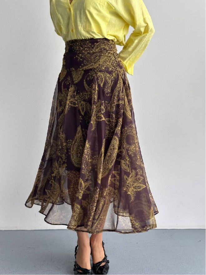Mistix Brown Vintage Paisley Flared Midi Skirt Wholesale Clothing Boho