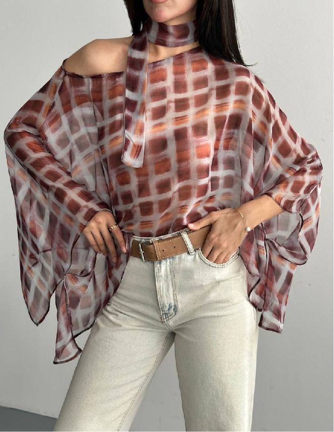 Mistix Tunică Boho Maro În Carouri Cu Mâneci Fluture Îmbrăcăminte cu ridicata Casual