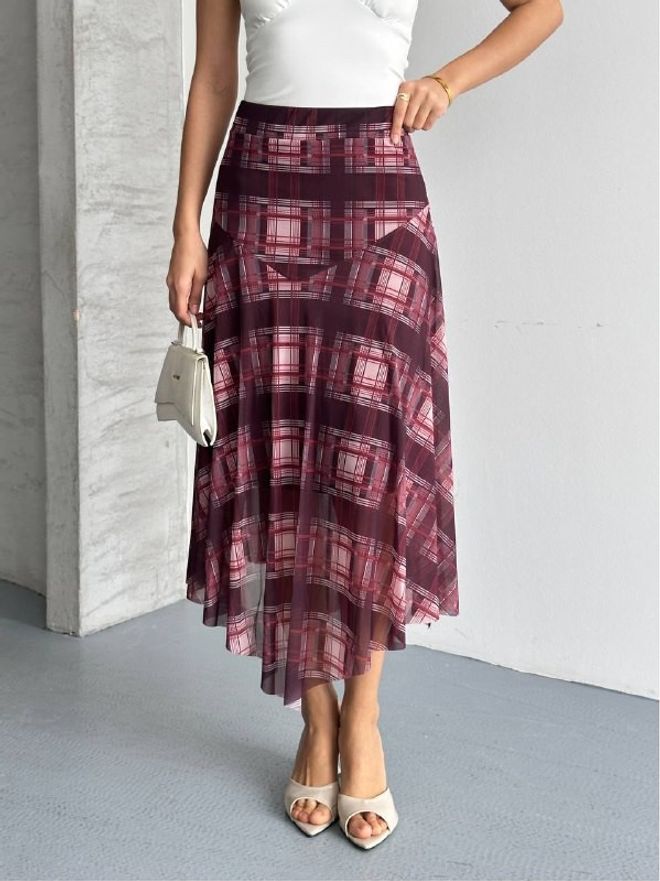 Mistix جيبة كلاريت أحمر منقوشة غير متماثلة ميدي ملابس بالجملة غير رسمي