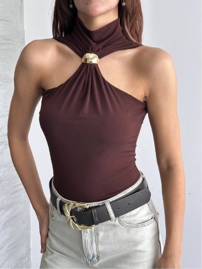 Mistix Chemisier Brun Slim Fit Sans Manches À Encolure Licou Avec Mancherons Vêtements en gros Décontracté