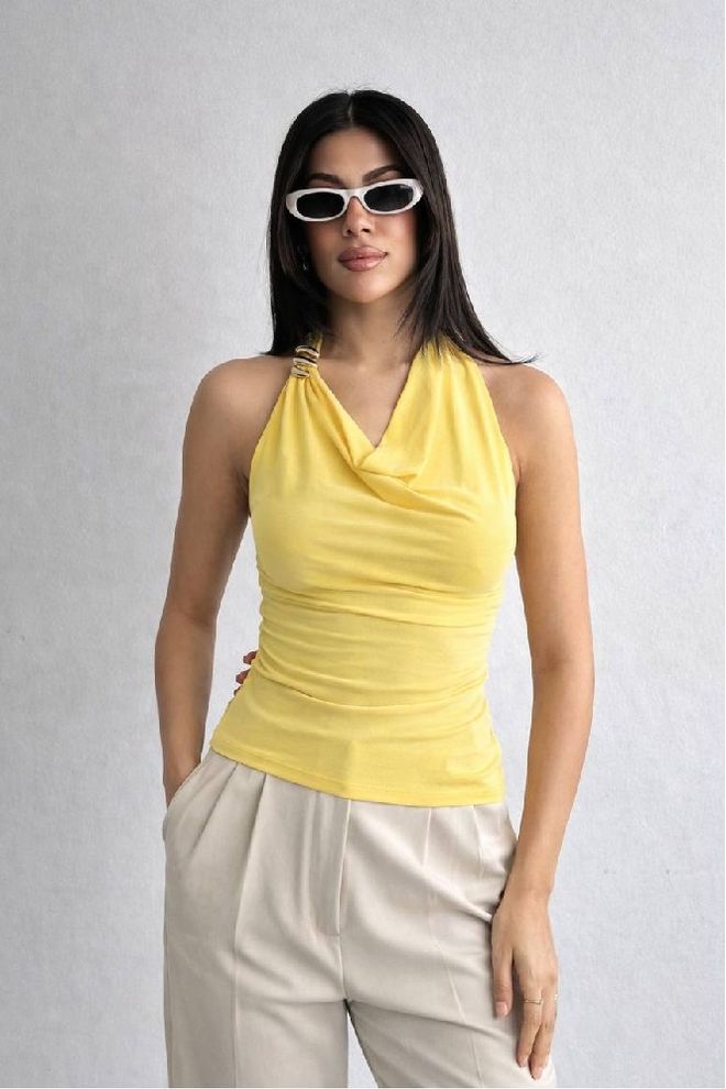 Mistix Yellow Halter Neck Sleeveless Slim Fit Blouse Wholesale Clothing Casual