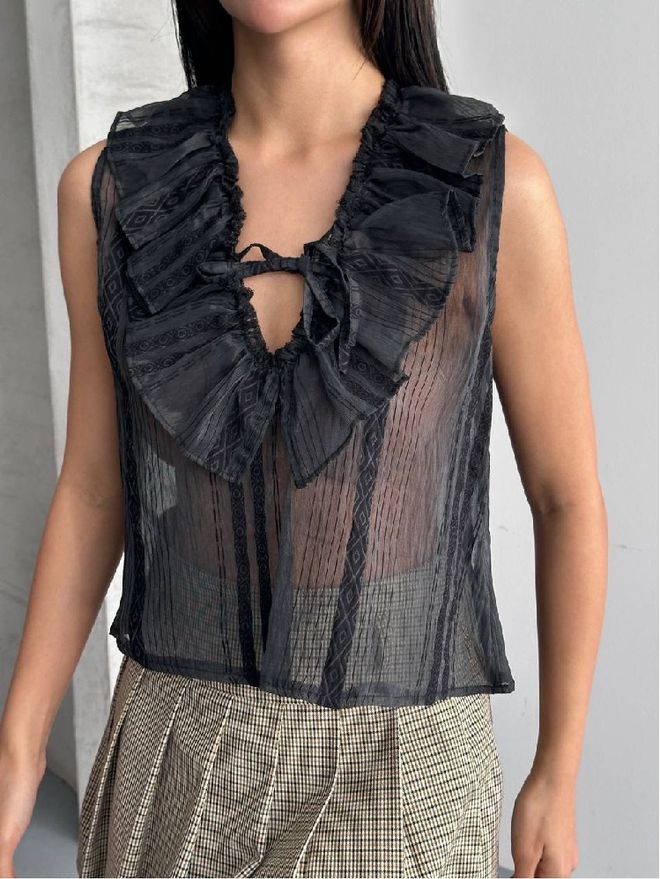 Mistix Черна На Райета Прилепнала Блуза С V образно Деколте И Ръкави Тип Капаче Дрехи на едро Небрежен