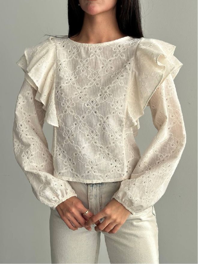 Mistix Элегантная Бежевая Блузка С Длинными Рукавами С Рюшами И Цветочным Узором Оптовая продажа одежды Скромный