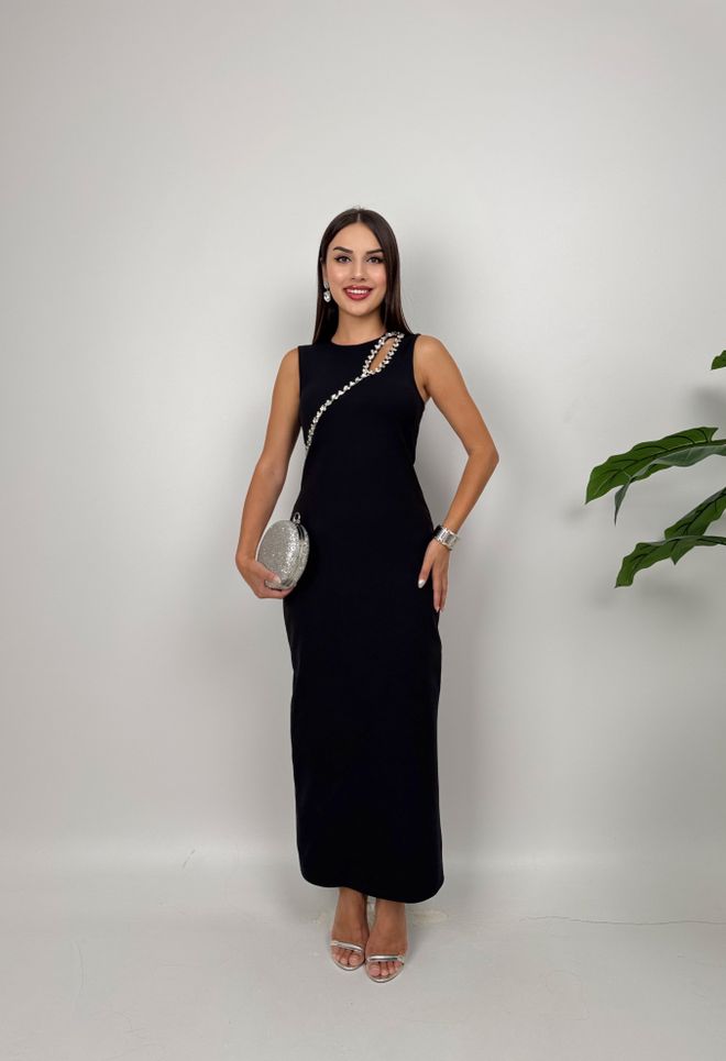 Miss Janell Zarif Siyah Fit & Düz Elbise Yer Hizasında Toptan Giyim Resmi