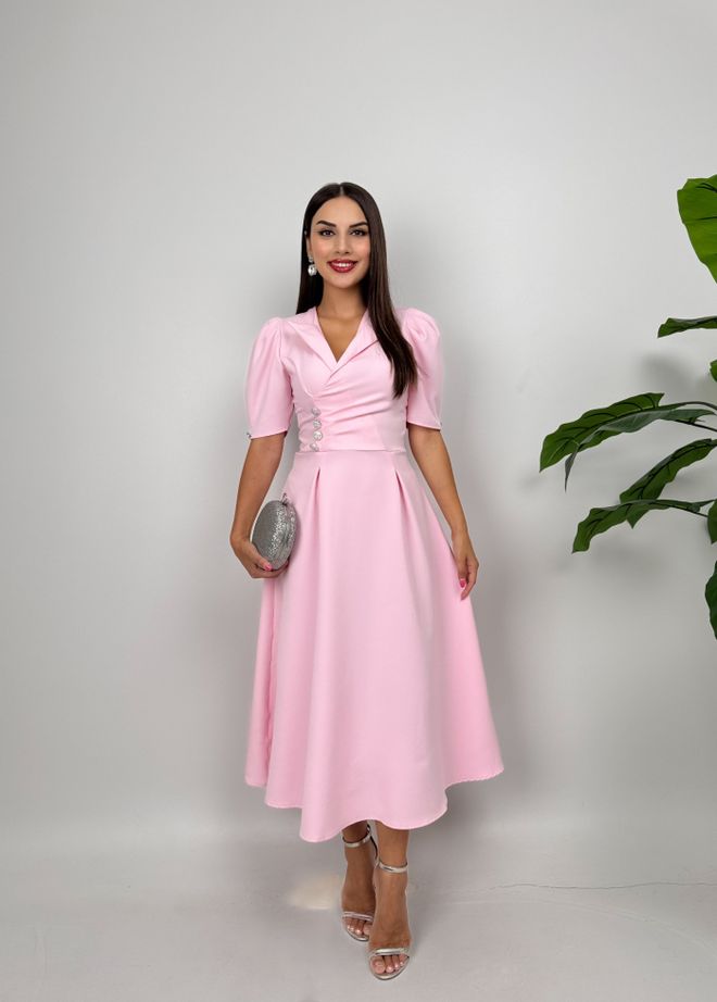 Miss Janell Κομψό Ροζ Φόρεμα Fit & Flare Με Notched Λαιμόκοψη Χονδρικό εμπόριο ενδυμάτων Σοδειά