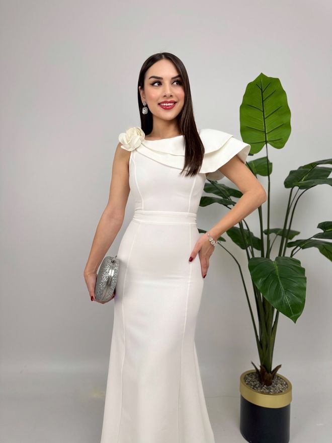 Miss Janell Бео Елегантан Формални Глам Омотач Хаљина Велепродаја одеће Формални