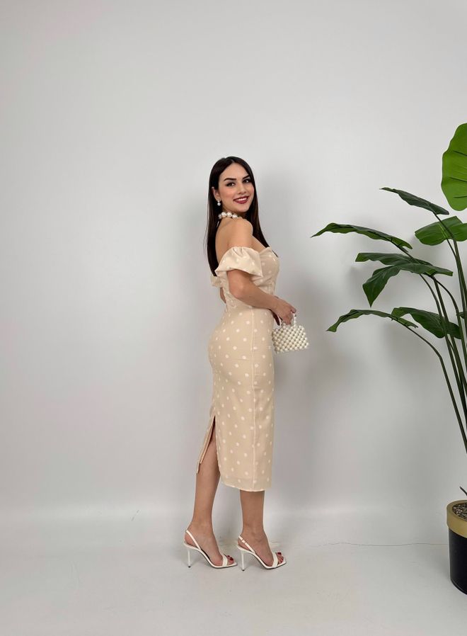 Miss Janell Μπεζ Κομψό Φόρεμα Στράπλες Με Πουά Σχέδιο Χονδρικό εμπόριο ενδυμάτων Άνοιξη
