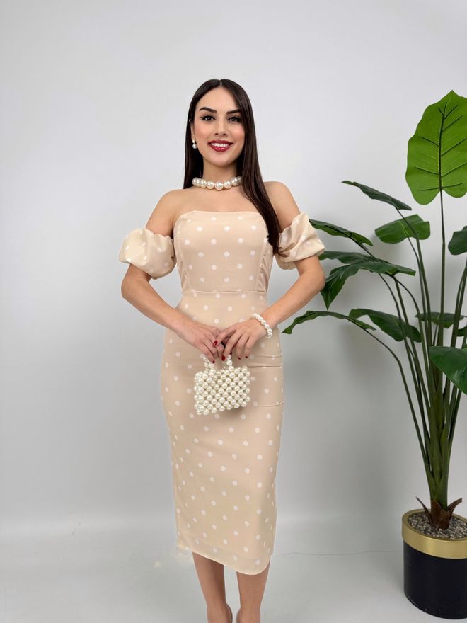 Miss Janell Μπεζ Κομψό Φόρεμα Στράπλες Με Πουά Σχέδιο Χονδρικό εμπόριο ενδυμάτων Επίσημο