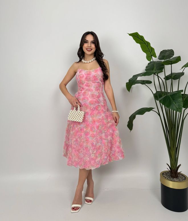 Miss Janell Vestido Cor de rosa Fit And Flare Com Decote Quadrado Comprimento Midi E Mangas Japonesas Roupas por atacado Vintage
