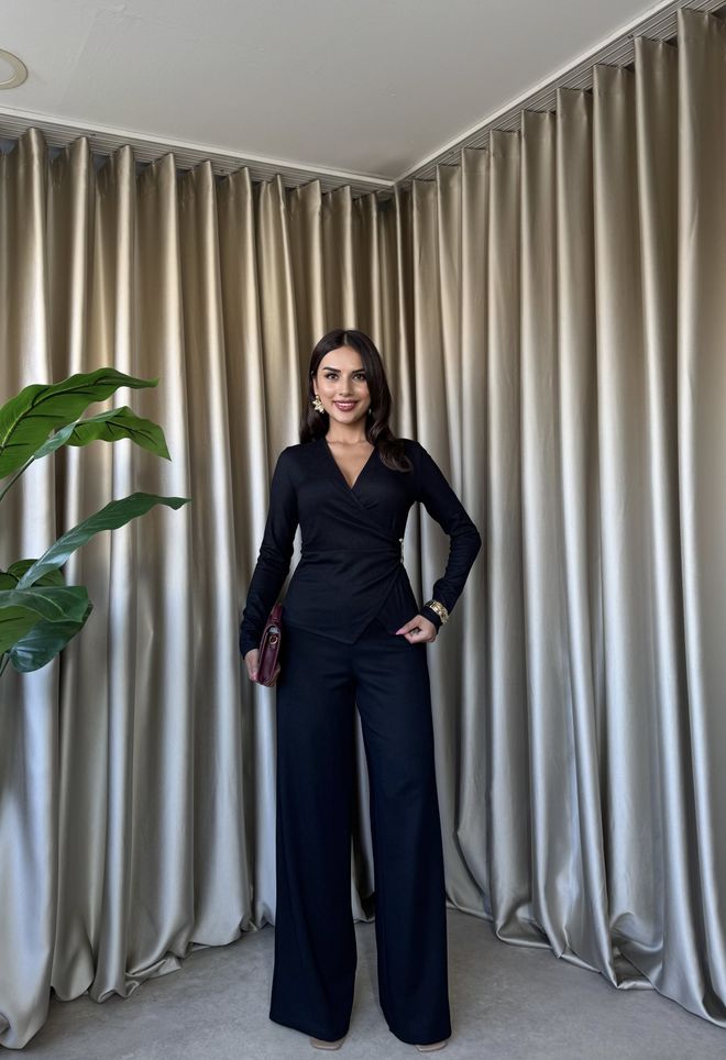 Miss Janell Siyah Zarif Resmi Set Palazzo Pantolonlu Toptan Giyim Resmi