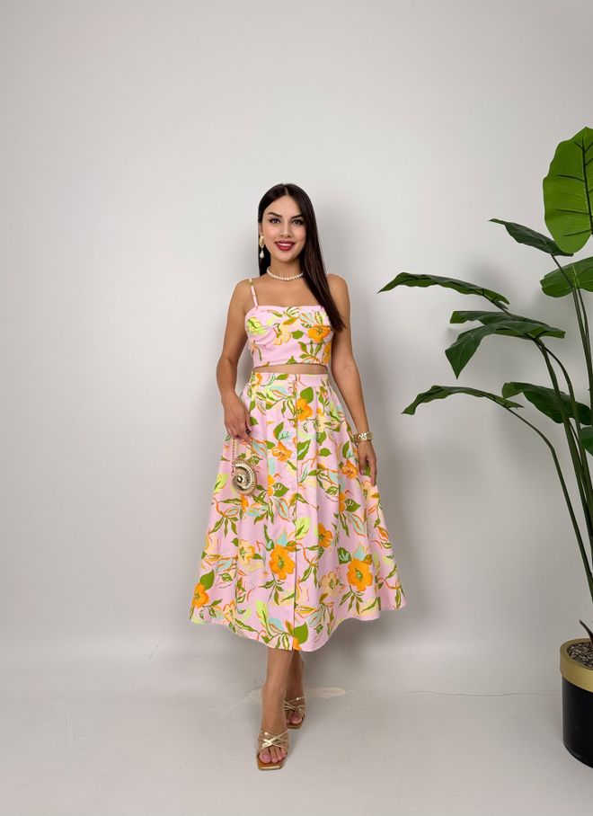 Miss Janell Σετ Ροζ Φλοράλ Midi Φούστα Γραμμή Α Και Βερμούδα Χονδρικό εμπόριο ενδυμάτων Casual