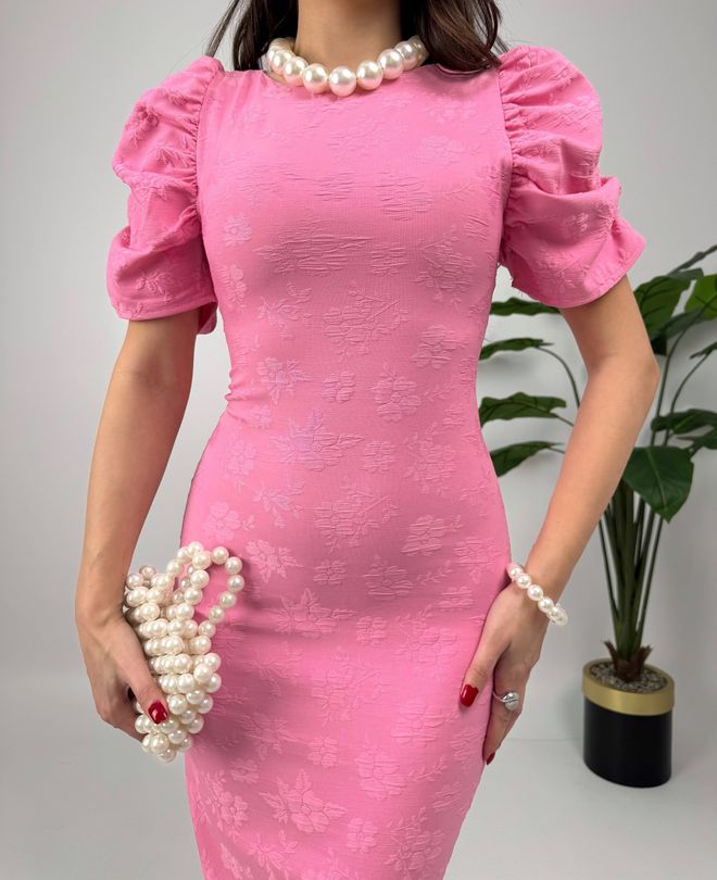 Miss Janell Pink Elegant Sheath Midi Dress With Puff Half Sleeves Wholesale Clothing Vintage