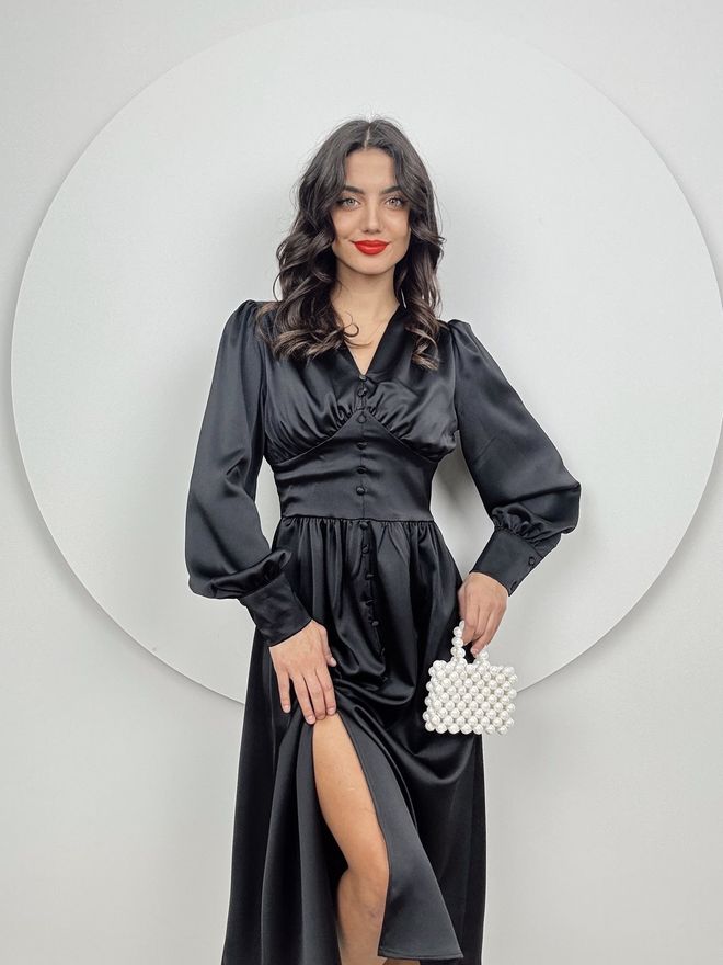 Miss Janell Κομψό Μαύρο Wrap Φόρεμα Με V λαιμόκοψη Και Μακριά Μανίκια Χονδρικό εμπόριο ενδυμάτων Επίσημο