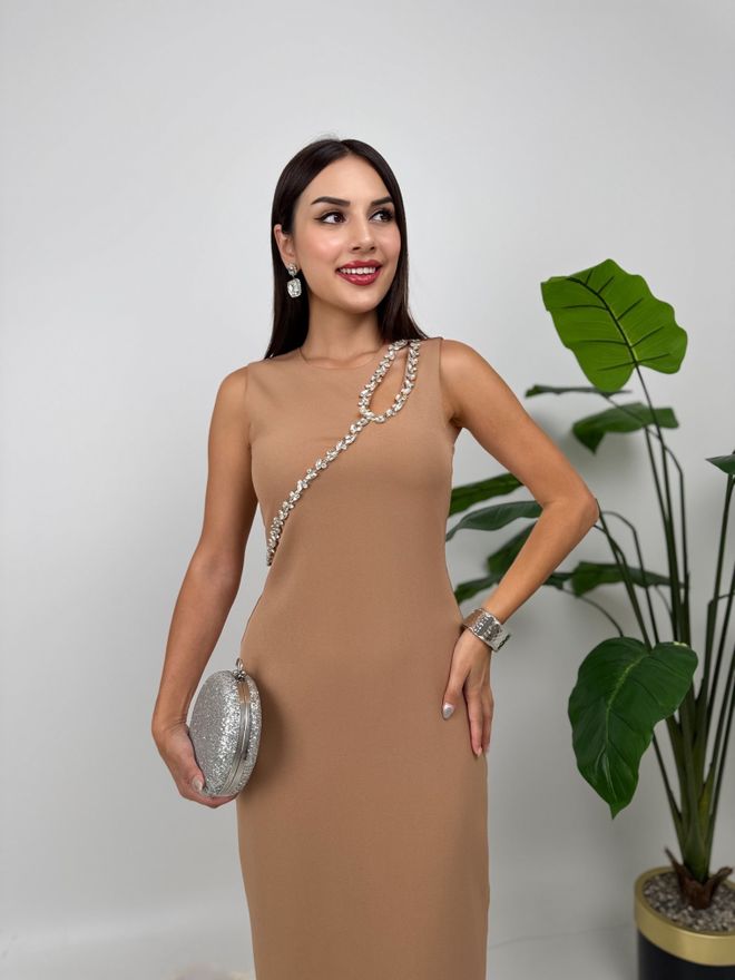 Miss Janell Elegant Beige Sheath Dress With Cap Sleeves Wholesale Clothing 1