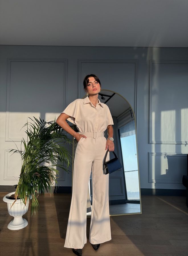 Miss Janell Μπεζ Μπουφάν Ολόσωμη Φόρμα Με Notched Λαιμόκοψη Χονδρικό εμπόριο ενδυμάτων Casual