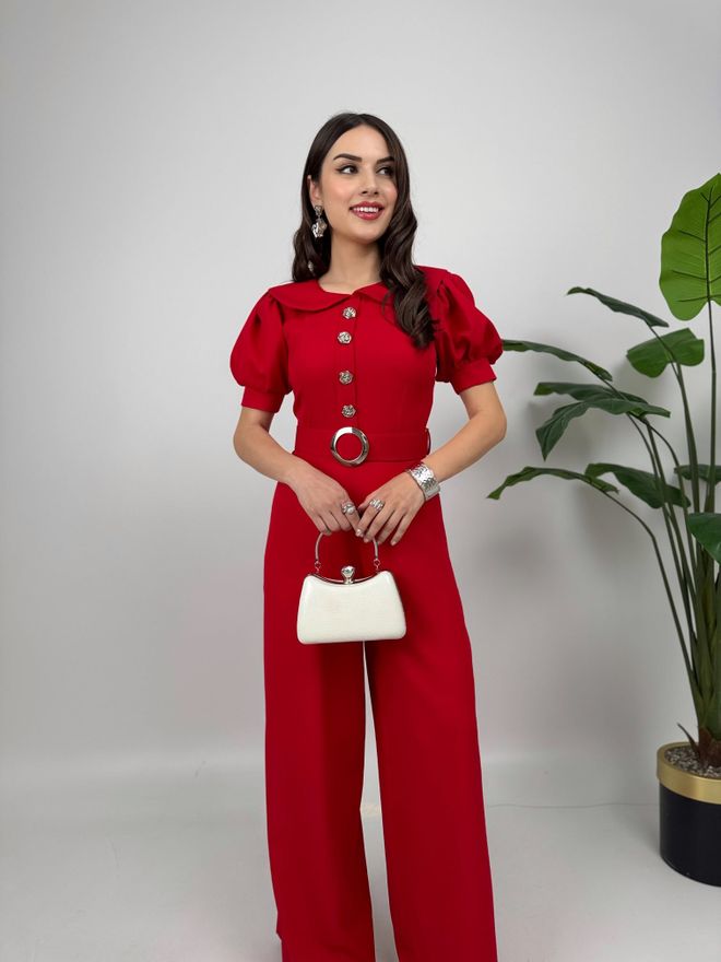 Miss Janell Red Tailored Jumpsuit With Puff Short Sleeves Wholesale Clothing Spring
