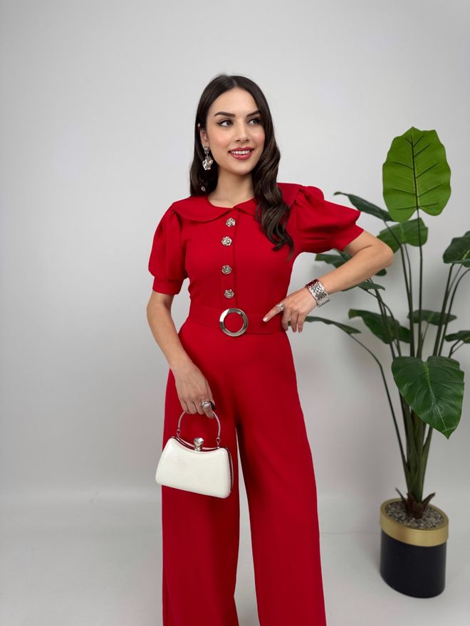 Miss Janell Red Tailored Jumpsuit With Puff Short Sleeves Wholesale Clothing 1