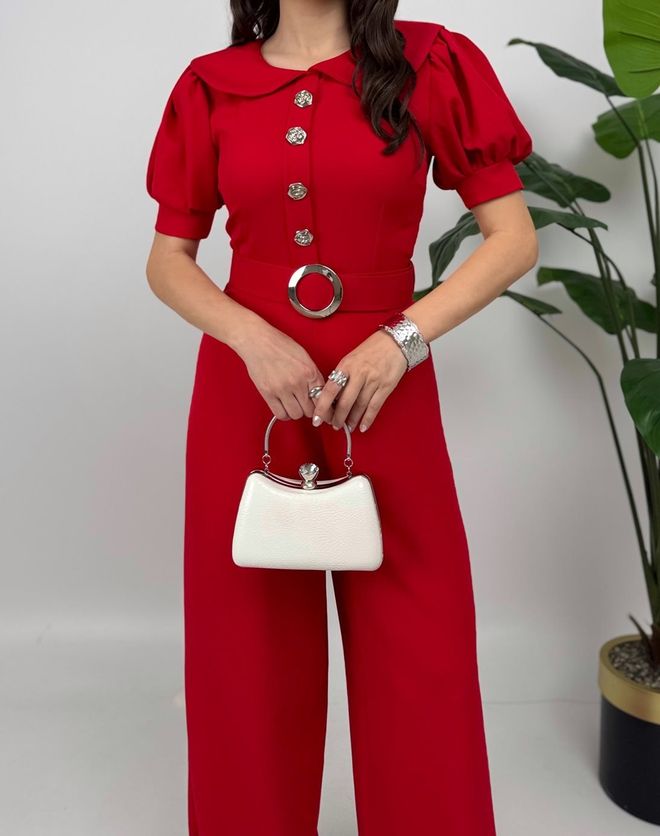 Miss Janell Red Tailored Jumpsuit With Puff Short Sleeves Wholesale Clothing Vintage