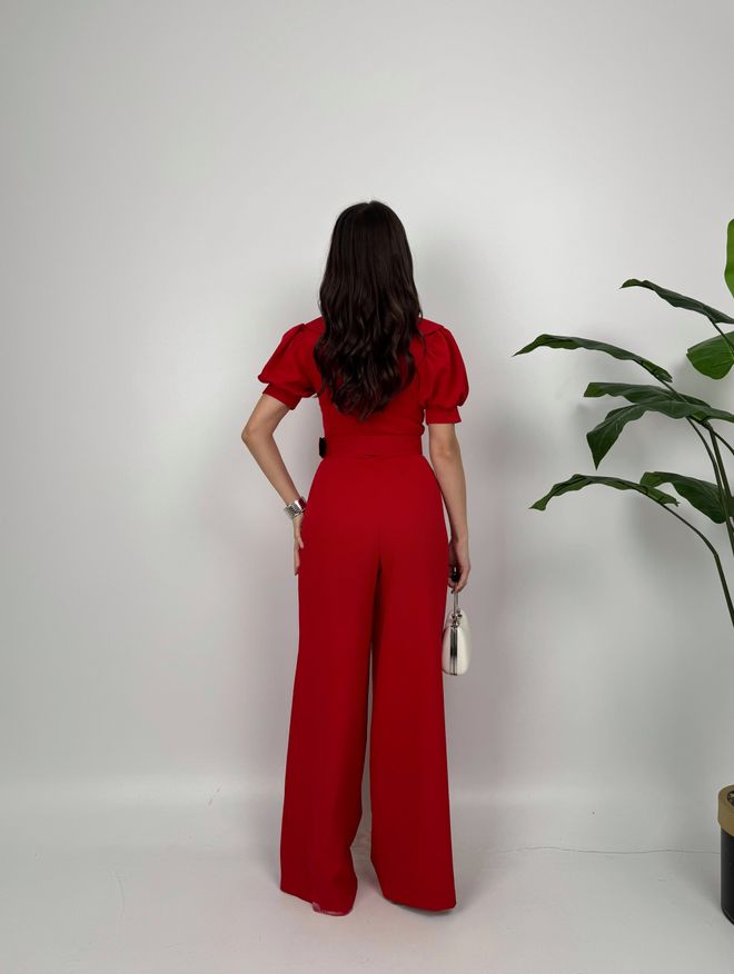 Miss Janell Red Tailored Jumpsuit With Puff Short Sleeves Wholesale Clothing Work