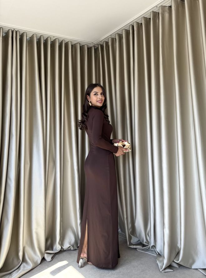 Miss Janell Marrone Elegante Formale Vestito A Guaina Abbigliamento all'ingrosso Modesto