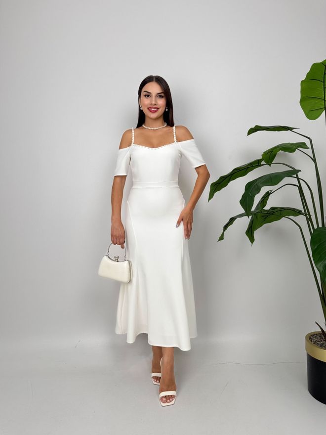 Miss Janell Elegancka Biała Dopasowana I Rozkloszowana Sukienka Midi Hurtowa sprzedaż odzieży Seksowny