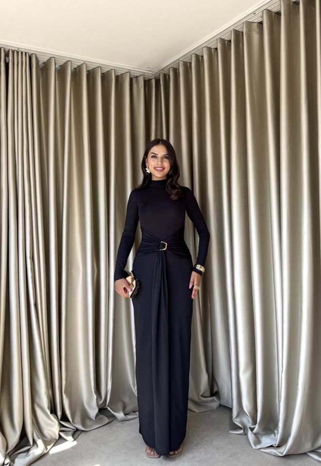 Miss Janell Elegante Vestito A Guaina Nero Con Collo Alto Abbigliamento all'ingrosso Modesto