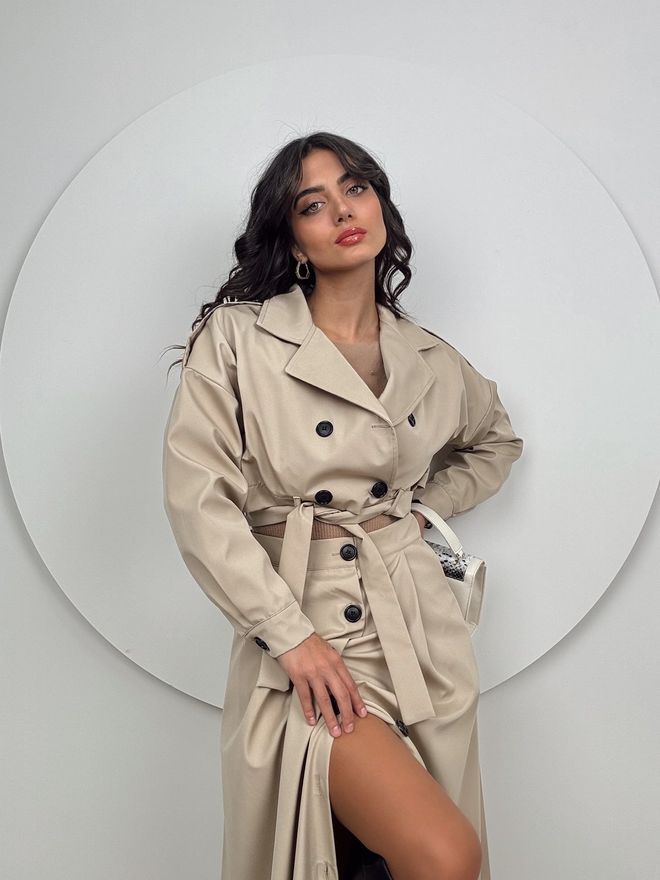 Miss Janell Κομψή Μπεζ Καπαρντίνα Διπλό Breasted Με Wrapover Χονδρικό εμπόριο ενδυμάτων Casual