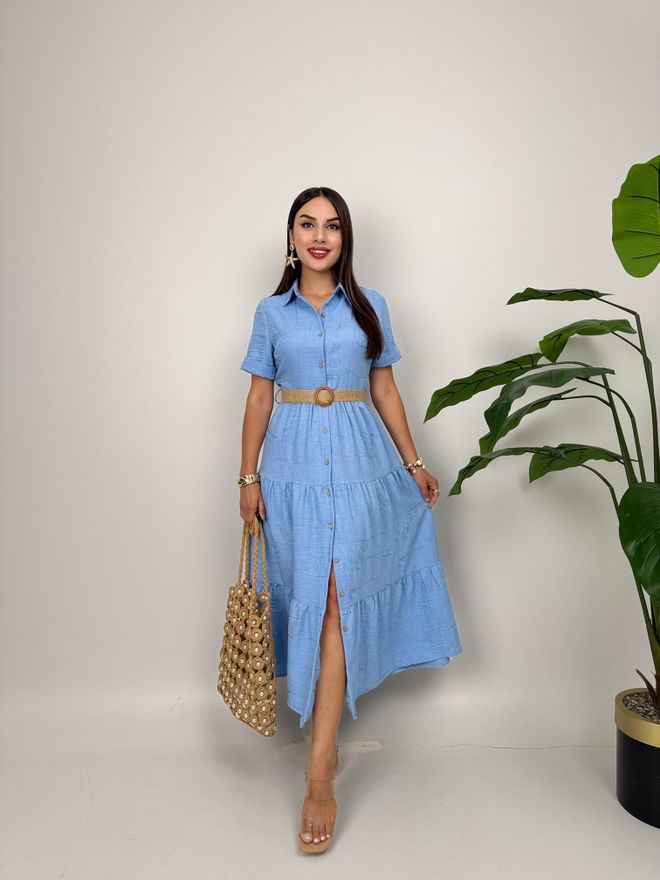 Miss Janell Vestido Camisa Midi Azul Com Decote Polo Roupas por atacado Casual
