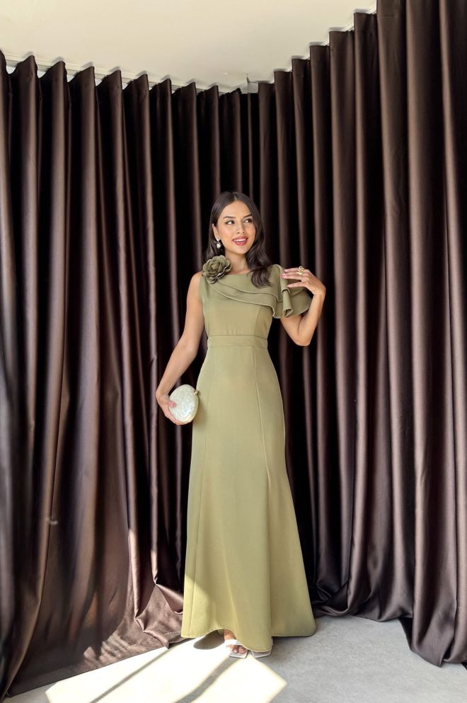 Miss Janell Каки Елегантна Омотач Хаљина Са Флуттер Рукавом Велепродаја одеће Формални