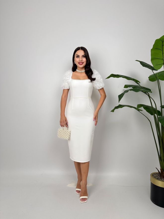 Miss Janell Vestido Bainha Branco Elegante Com Mangas Puff De Meia Manga E Decote Quadrado Roupas por atacado Sensual