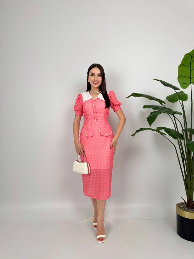 Miss Janell Vestito Rosa Vintage Elegante A Pois A Guaina Abbigliamento all'ingrosso Annata