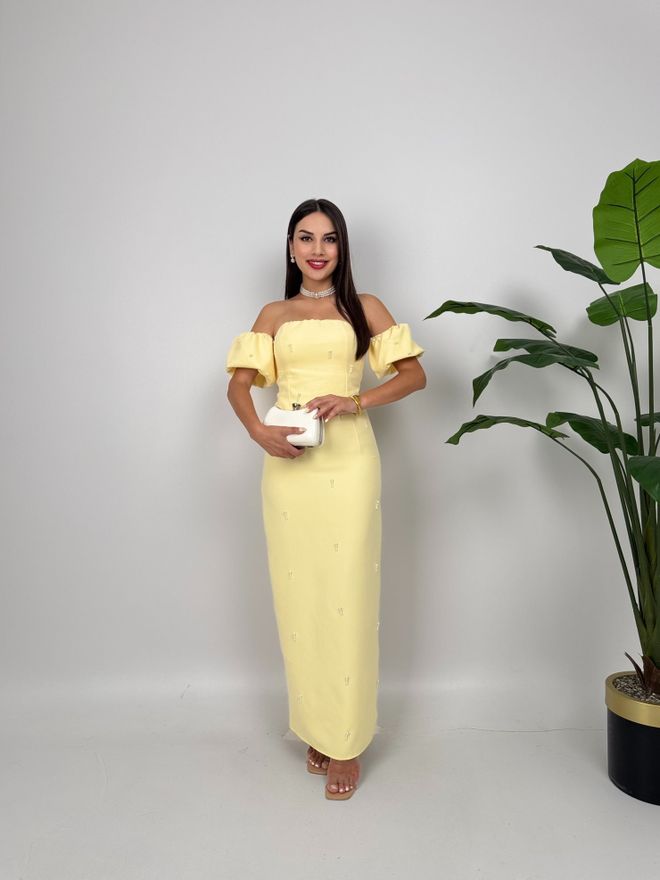 Miss Janell Vestito A Guaina Giallo Elegante Con Maniche A Sbuffo E Manica Ad Aletta Abbigliamento all'ingrosso Annata