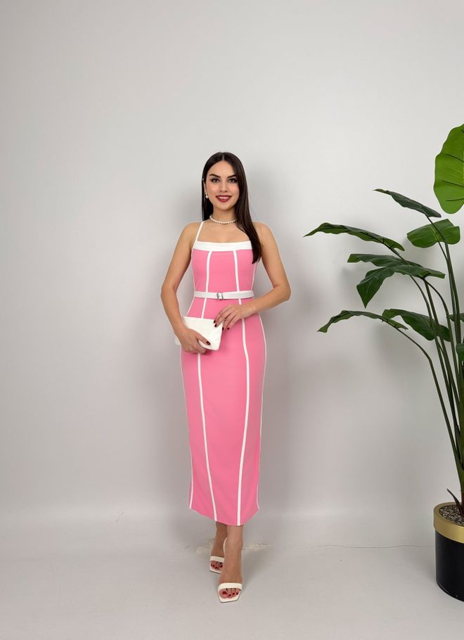 Miss Janell Ροζ Κομψό Bodycon Μίντι Φόρεμα Με Τετράγωνη Λαιμόκοψη Αμάνικο Χονδρικό εμπόριο ενδυμάτων Casual