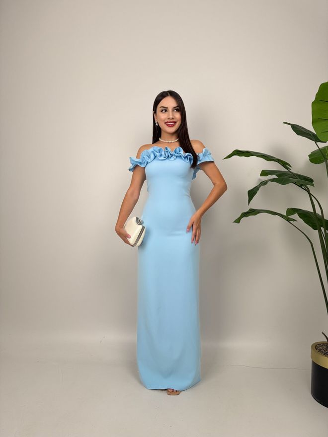 Miss Janell Vestido Bodycon Azul Elegante Com Mangas Com Folhos Roupas por atacado Vintage