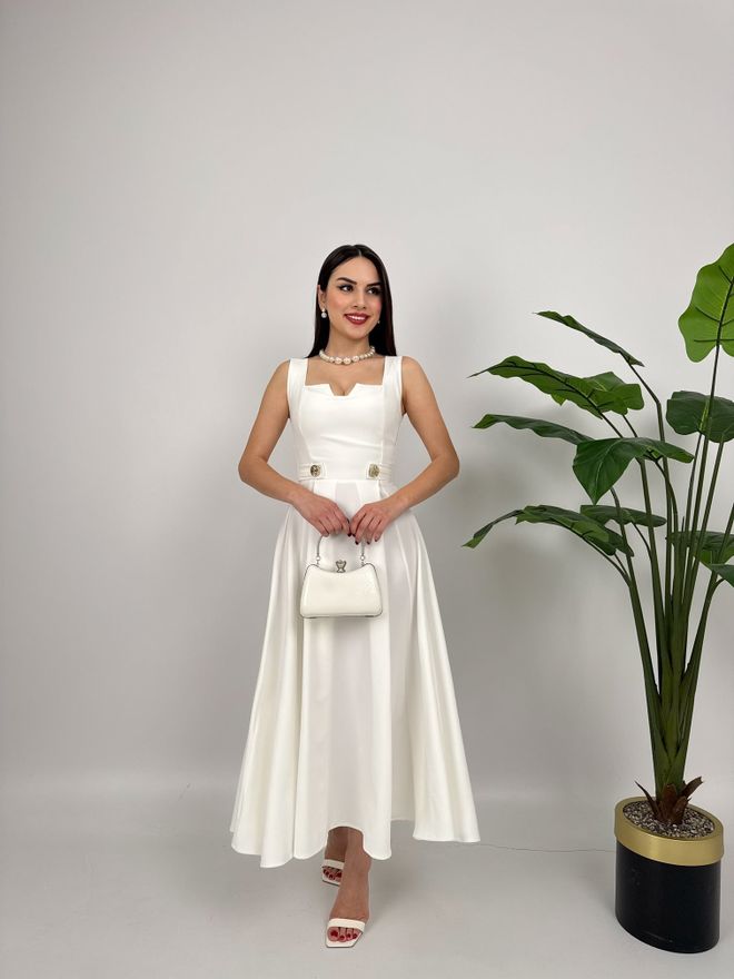 Miss Janell Vestido Branco Elegante Fit And Flare Midi Roupas por atacado Vintage