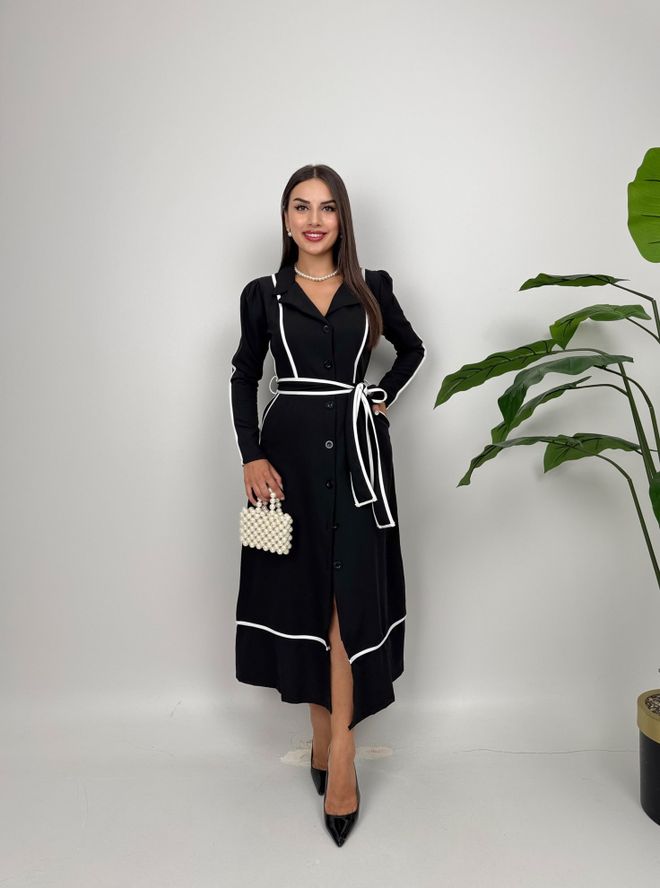 Miss Janell فستان أسود أنيق وسترة برقبة محززة ميدي ملابس بالجملة رَسمِيّ