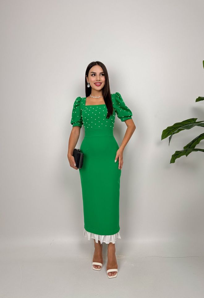 Miss Janell Elegancka Zielona Sukienka Typu Sheath Z Bufkami I Półrękawami Oraz Kwadratowym Dekoltem Midi Hurtowa sprzedaż odzieży Formalny