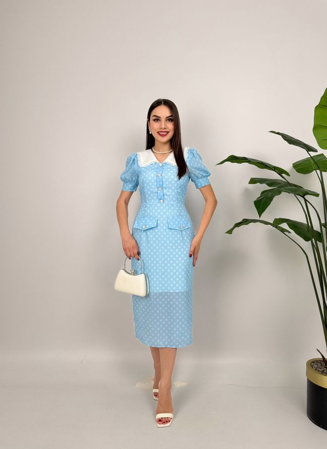 Miss Janell Modrá Retro Elegantná Bodkovaná Sheath Midi Šaty S Nadýchaným Rukávom Veľkoobchod s oblečením Vintage