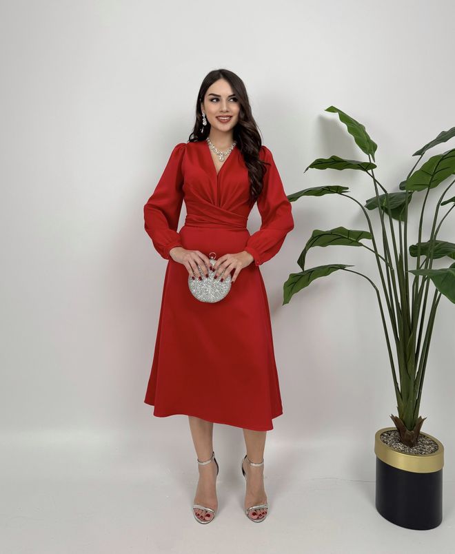 Miss Janell Vestido Rojo Elegante Formal Envolvente Con Cuello En V Ropa al por mayor Sexy