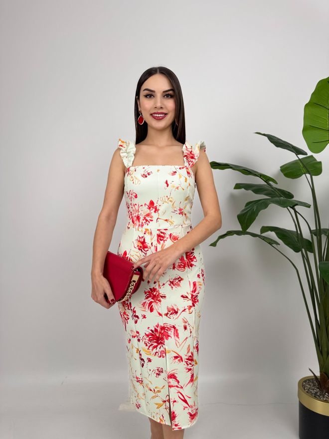 Miss Janell Vestido Bainha Branco Floral Com Mangas Com Folhos Roupas por atacado Casual