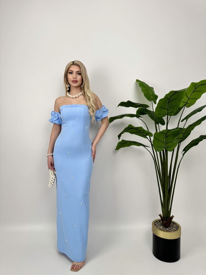 Miss Janell Vestido Azul Elegante Tipo Bainha Com Mangas Japonesas Com Folhos Roupas por atacado Sensual